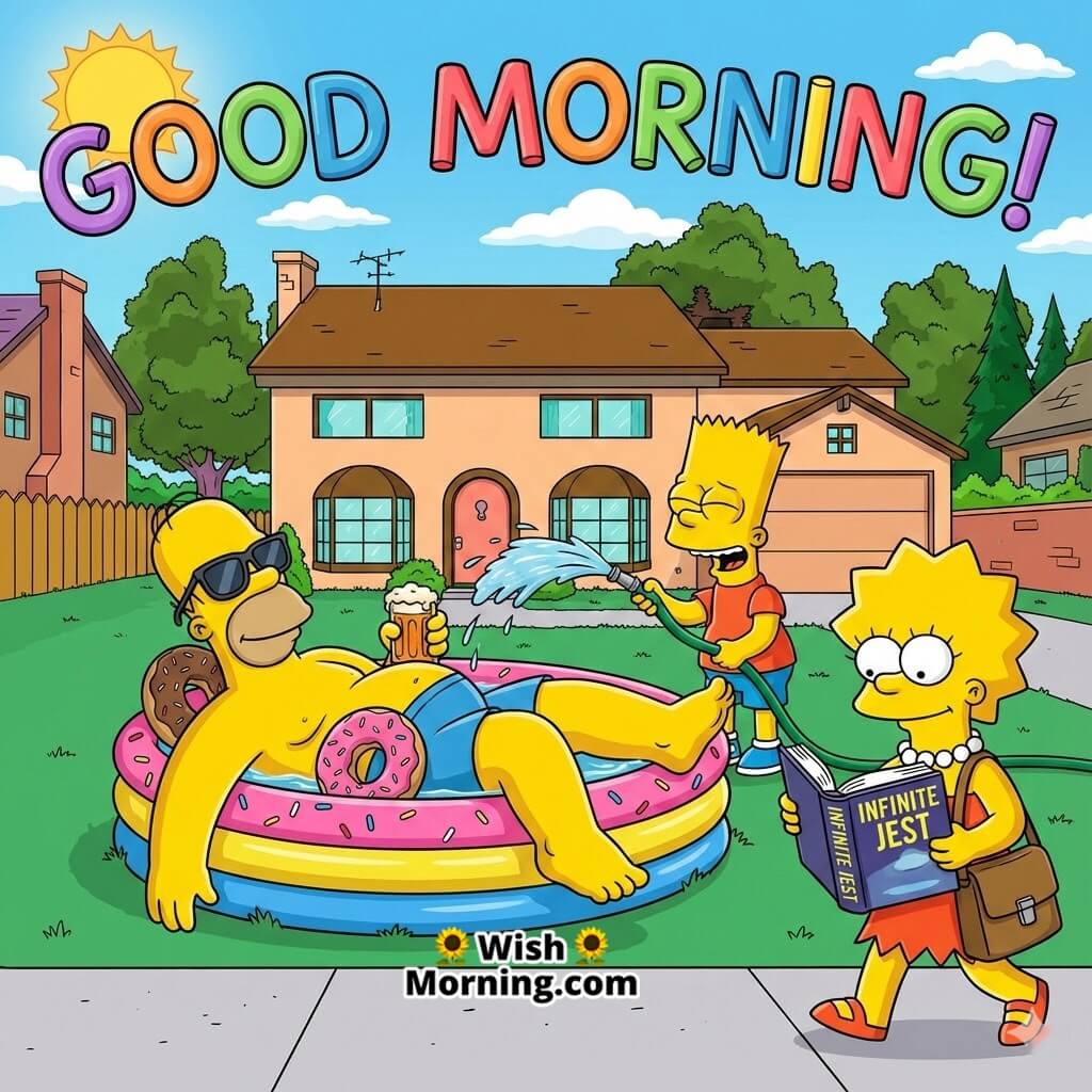Good Morning Homer Relaxing Day featuring Homer floating in a kiddie pool with a donut while Bart sprays him and Lisa walks past in a sunny square backyard cartoon scene.
