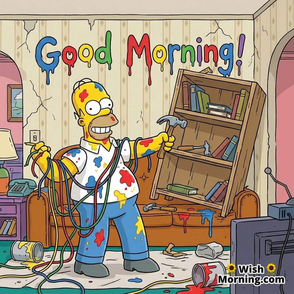 Good Morning Homer Repair Fail featuring Homer tangled in wires and holding a crooked hammer as paint splatters and broken tools surround him in a chaotic cartoon home repair scene.