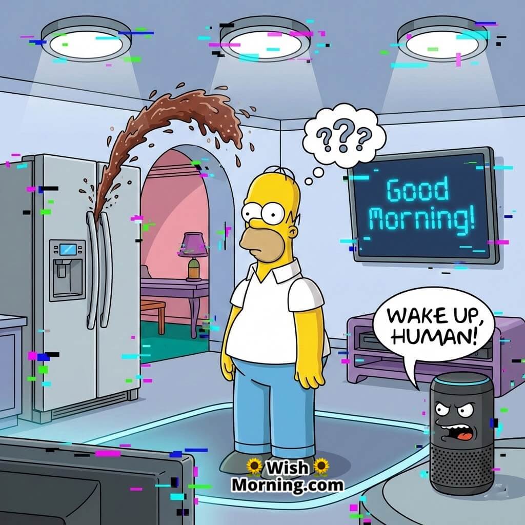 Good Morning Homer Smart Home Scene showing Homer Simpson confused and overwhelmed as blinking smart gadgets malfunction around him in a futuristic cartoon living room.