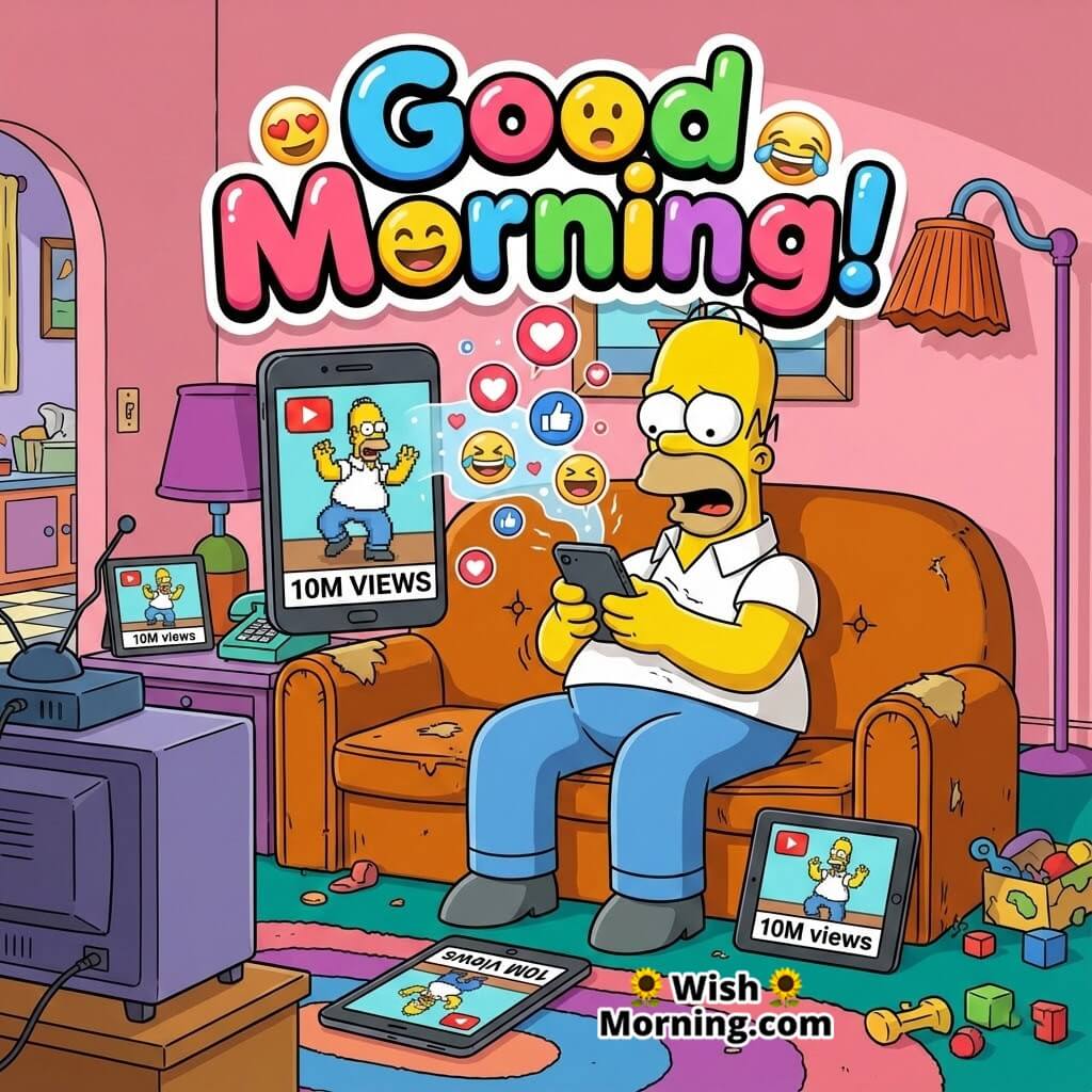 Good Morning Homer Viral Moment featuring Homer Simpson shocked by his online fame as floating emojis, likes, and social media screens surround him in a bright cartoon living room.