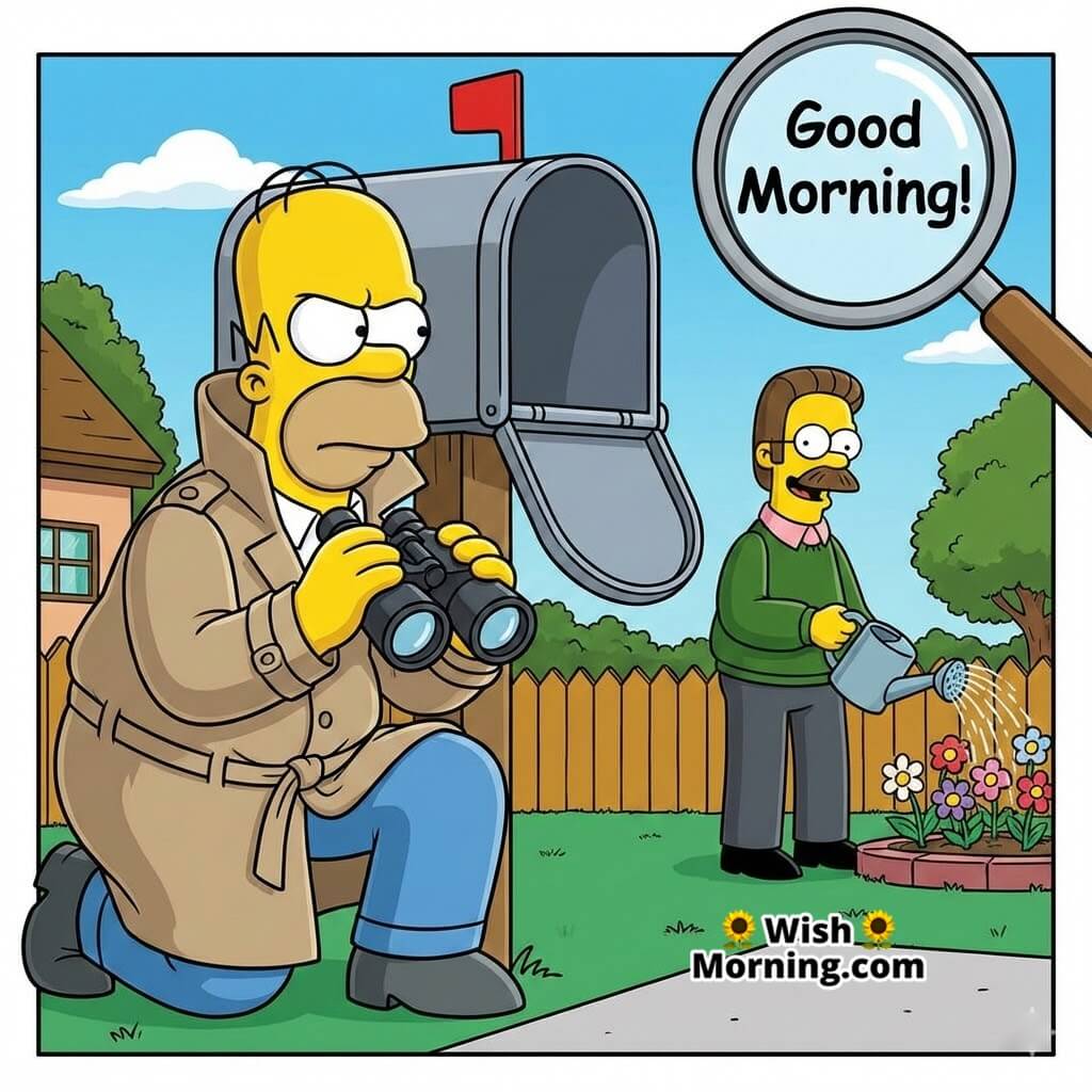Good Morning Homer Watch Duty showing Homer crouching behind a mailbox with binoculars as he suspiciously watches Flanders watering flowers in a square suburban morning cartoon setup.