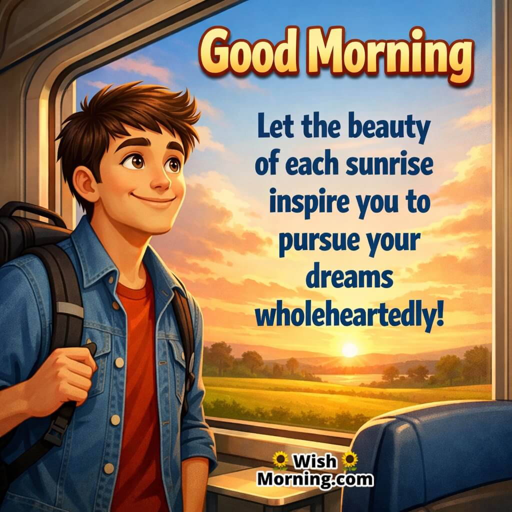 Good Morning image of man looking out train window at sunrise, symbolizing dreams and new destinations.