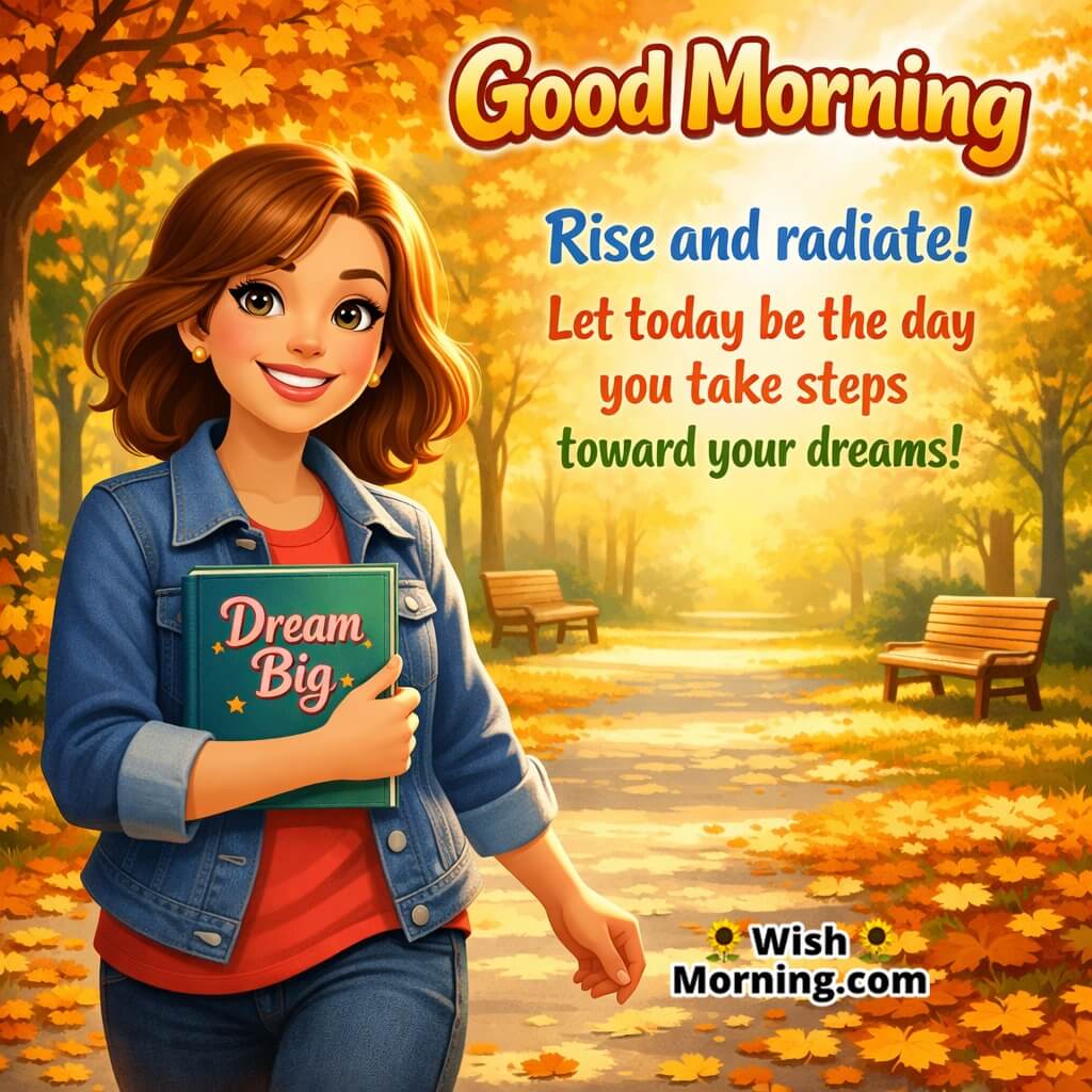 Good Morning image of woman with dream journal walking in park, symbolizing inspired action and self-growth.