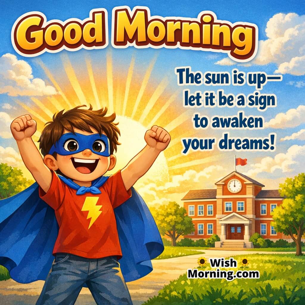 Good Morning image of child in superhero cape with sun rising, symbolizing inner strength and dreaming big.
