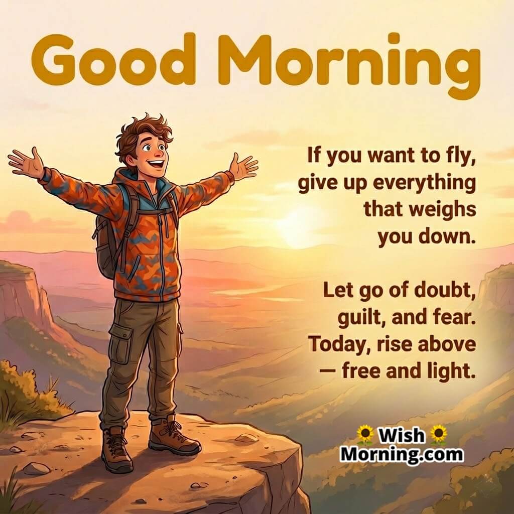 Good Morning Let Go And Rise Inspirational Quote Image featuring a man on sunrise cliff with arms stretched, symbolizing freedom from emotional burdens.