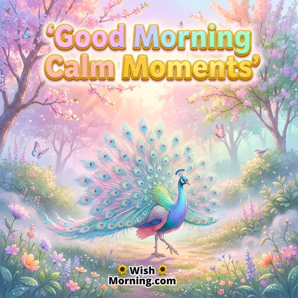 Good Morning Misty featuring a peacock in soft morning mist and pastel colours, symbolizing calm thoughts and gentle hope.