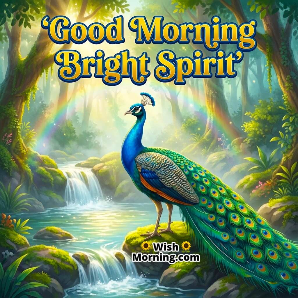 Good Morning Nature Flow featuring a peacock near a small waterfall in morning light, symbolizing harmony and natural beauty.