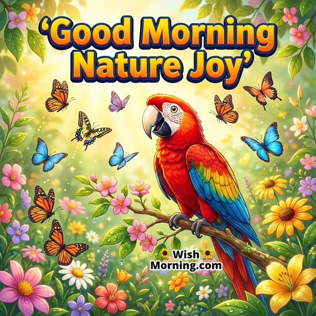 Good Morning Nature Joy featuring a parrot watching butterflies in a bright morning garden, symbolizing harmony and gentle happiness.