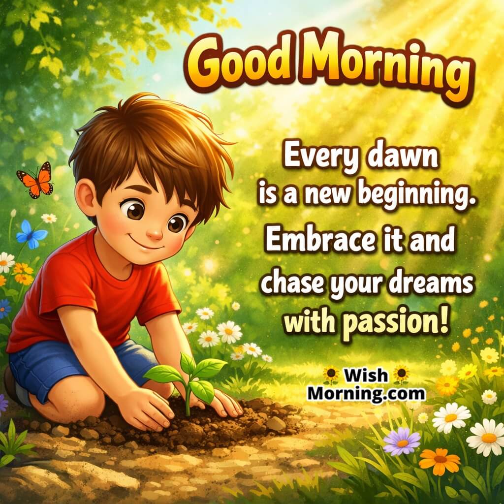 Good Morning image of boy planting tree at sunrise, symbolizing new beginnings and nurturing dreams.