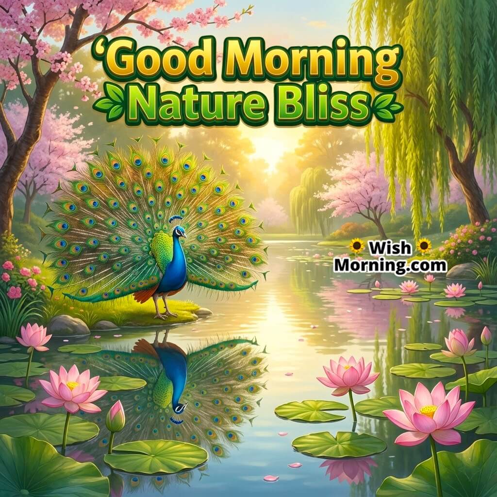 Good Morning Peacock featuring a peacock near a lotus pond with soft reflections, symbolizing peace and natural grace.