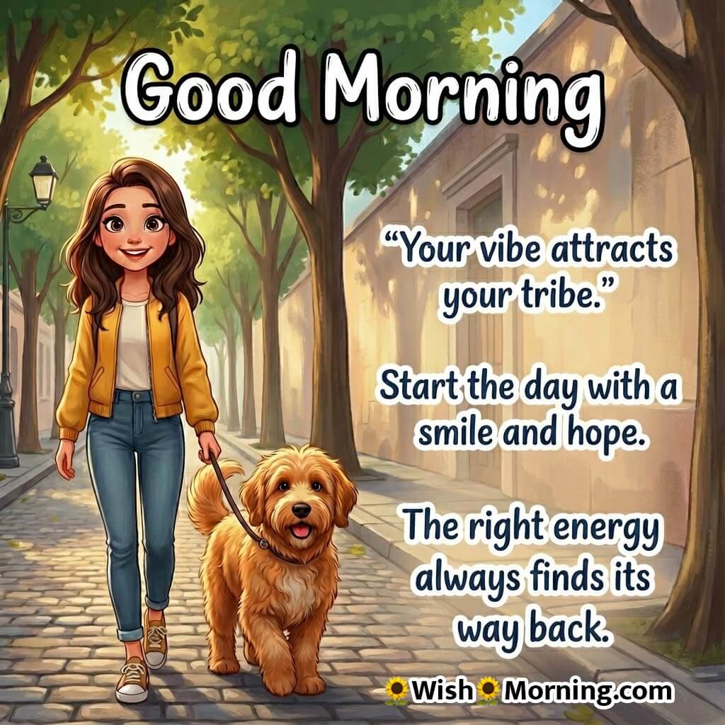 Good Morning Quote Image featuring a smiling woman walking her dog, symbolizing positive energy and joyful start.