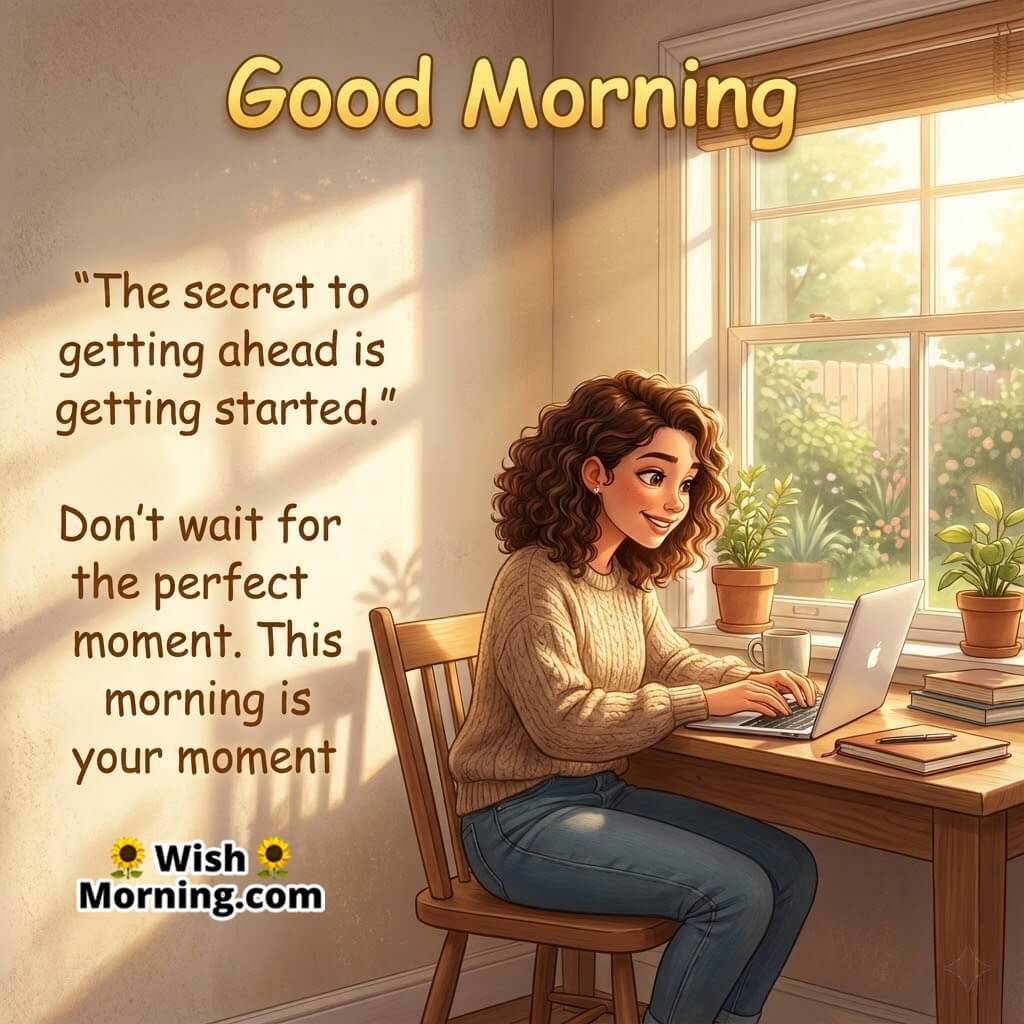 Good Morning Quote Image featuring a woman at a sunny desk with laptop, symbolizing fresh beginnings and productivity.