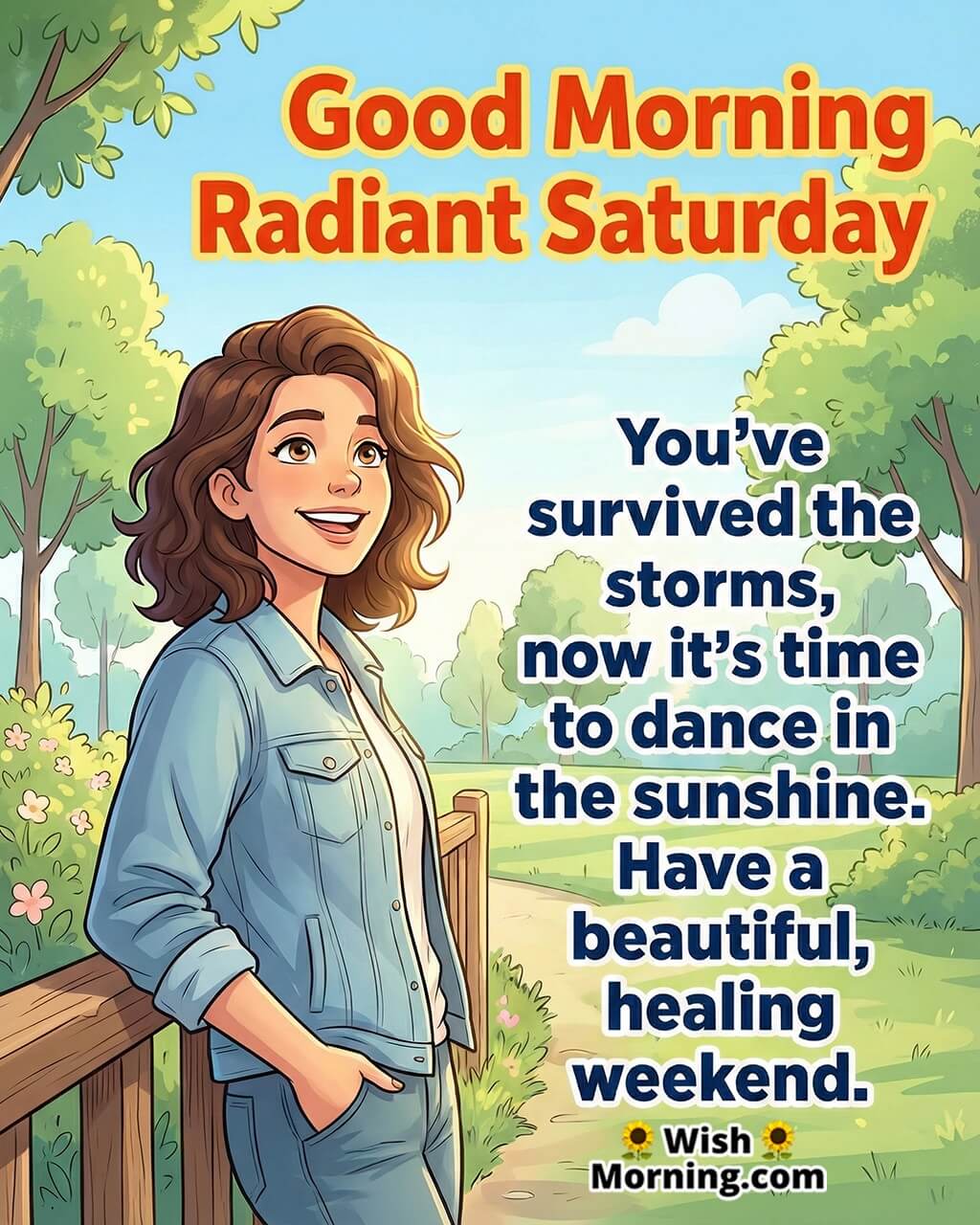 Good morning radiant Saturday image featuring a confident person enjoying sunlight, symbolizing hope, healing energy, and positive weekend motivation.