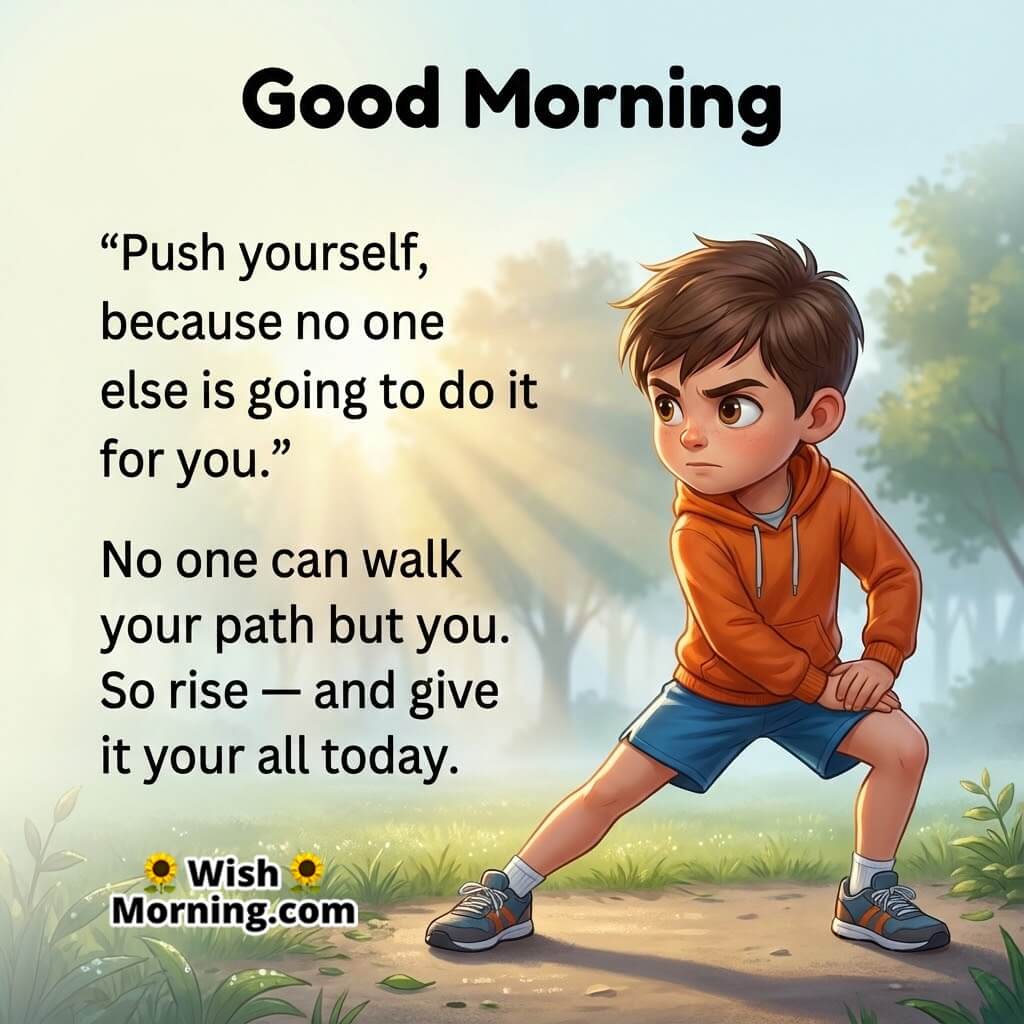 Good Morning Push Yourself Quote Image featuring a boy stretching in the park, symbolizing inner drive and self-motivation.