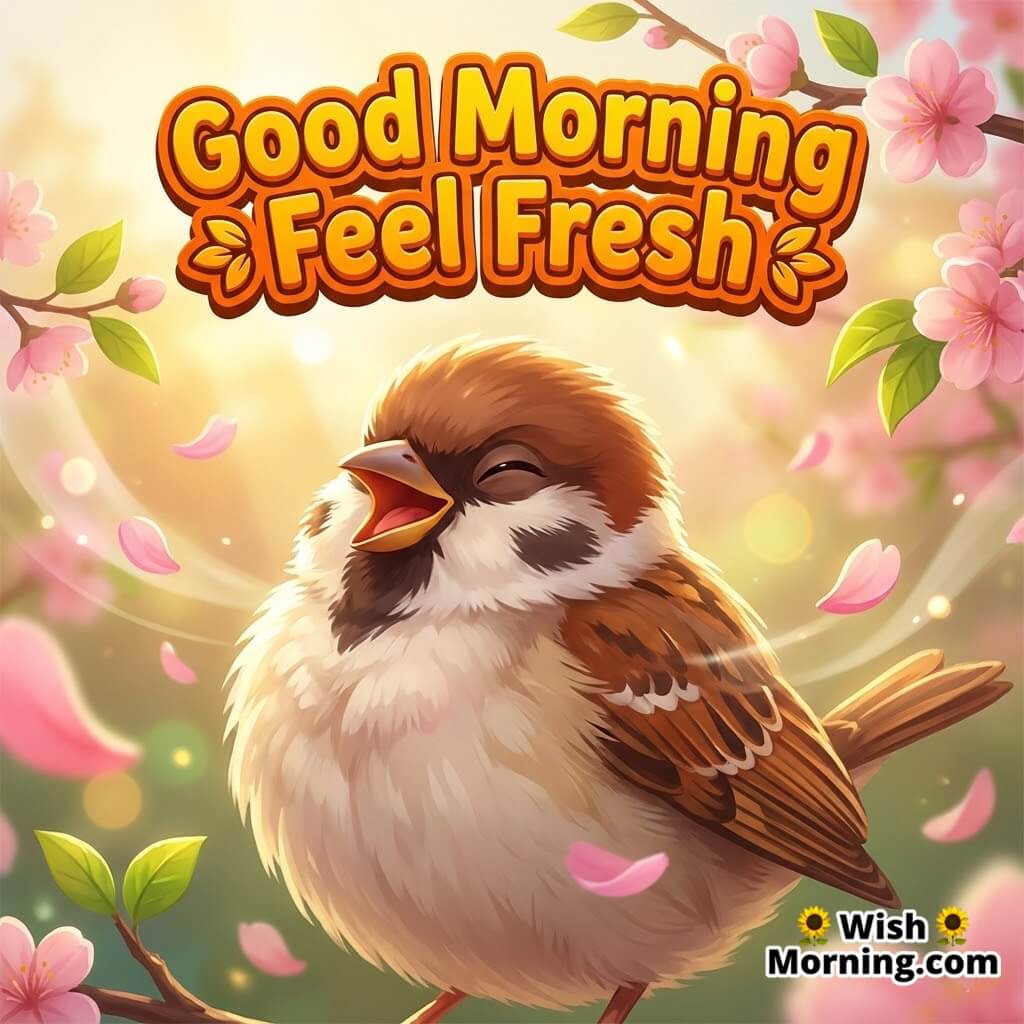 Good Morning Soft Breeze featuring a sparrow enjoying gentle morning wind with branches and petals, symbolizing lightness and calm.