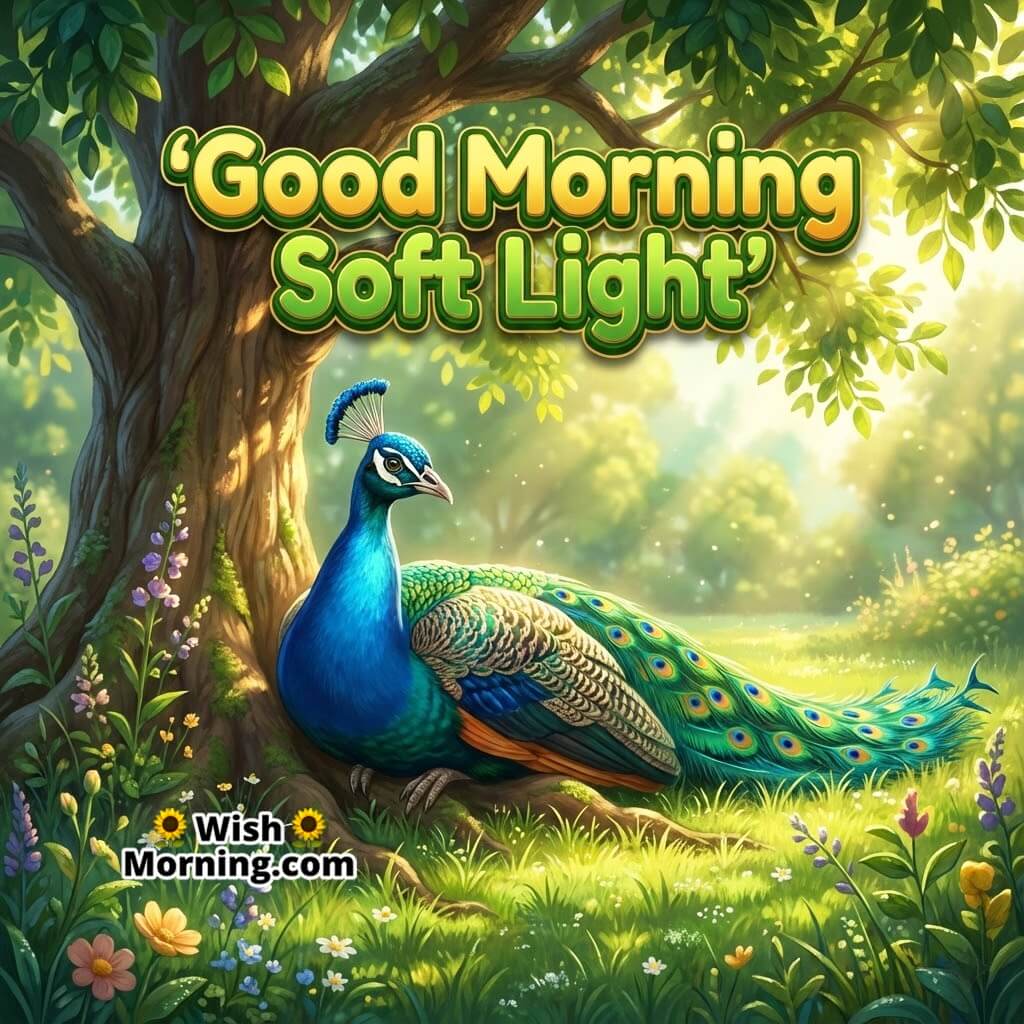 Good Morning Soft Light featuring a peacock resting under tree shade with filtered sunlight, symbolizing calmness and ease.