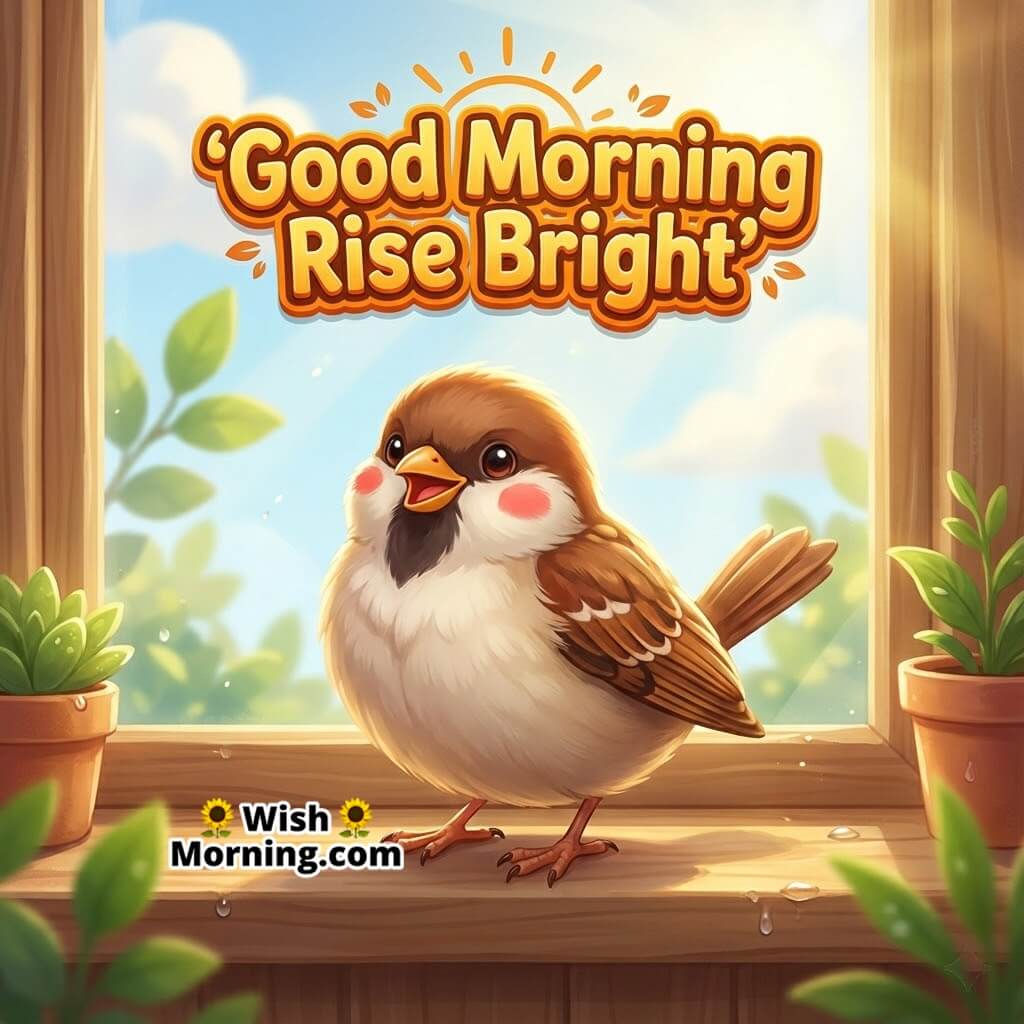 Good Morning Sparrow featuring a sparrow standing on a sunlit window ledge with soft sky behind, symbolizing hope and calm.