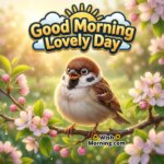 Good Morning Sparrow featuring a cute sparrow sitting on a flowered branch in warm morning light, symbolizing a fresh and cheerful start.