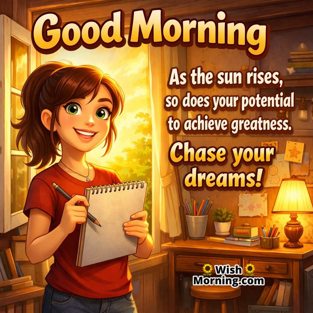 Good Morning image of girl with sketchpad in sunlit room, symbolizing creative energy and self-belief.