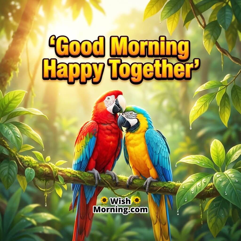 Good Morning Together featuring two parrots sitting closely on a leafy branch in warm morning glow, symbolizing companionship and bonding.