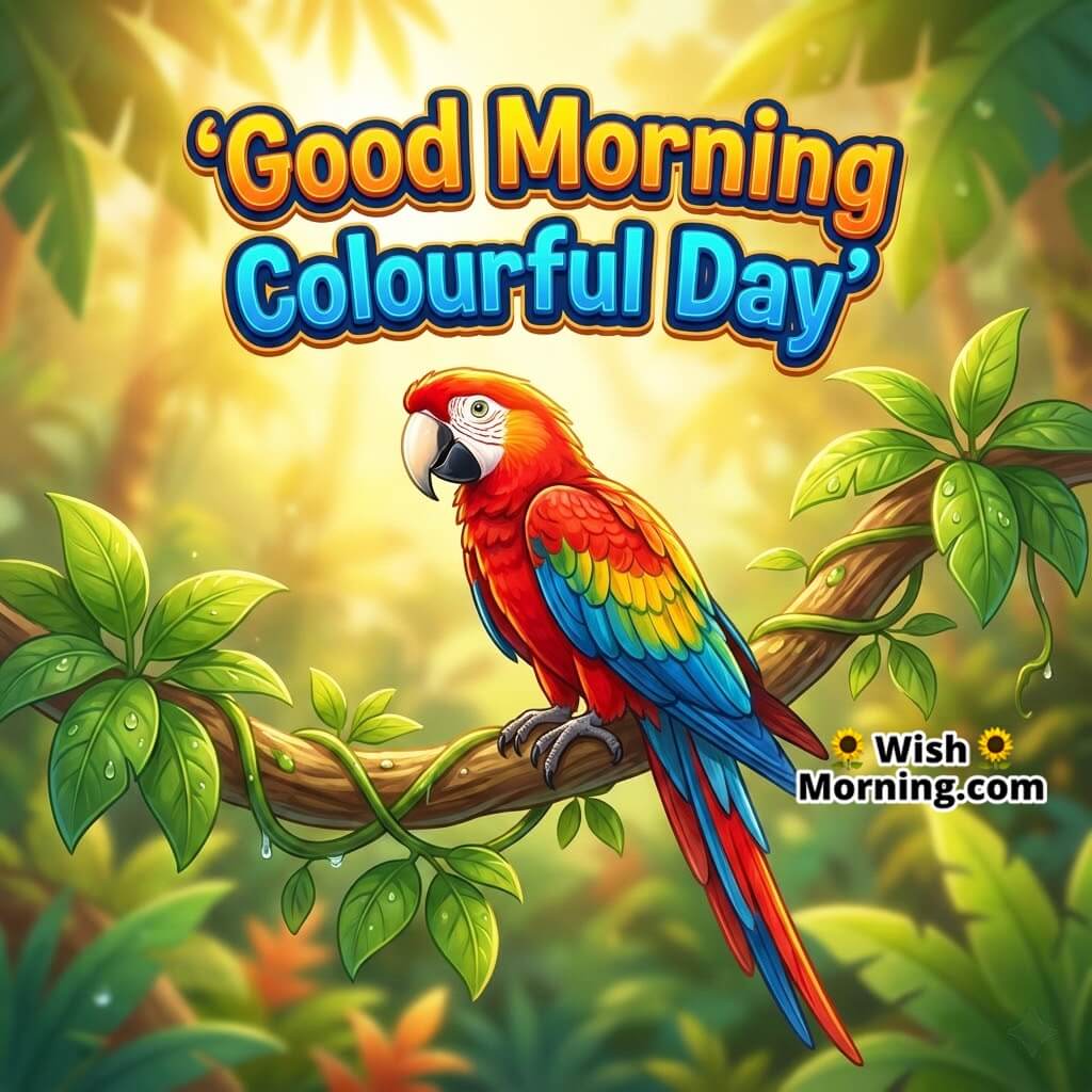 Good Morning Tropical Parrot featuring a colourful parrot sitting on a bright tropical branch in warm morning light, symbolizing a lively and cheerful start.