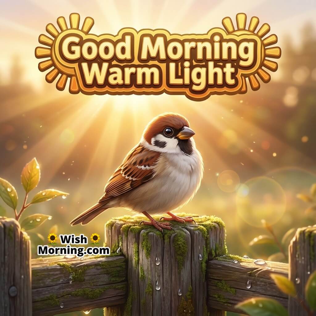 Good Morning Warm Light featuring a sparrow resting on a wooden fence during sunrise, symbolizing warm and gentle morning vibes.