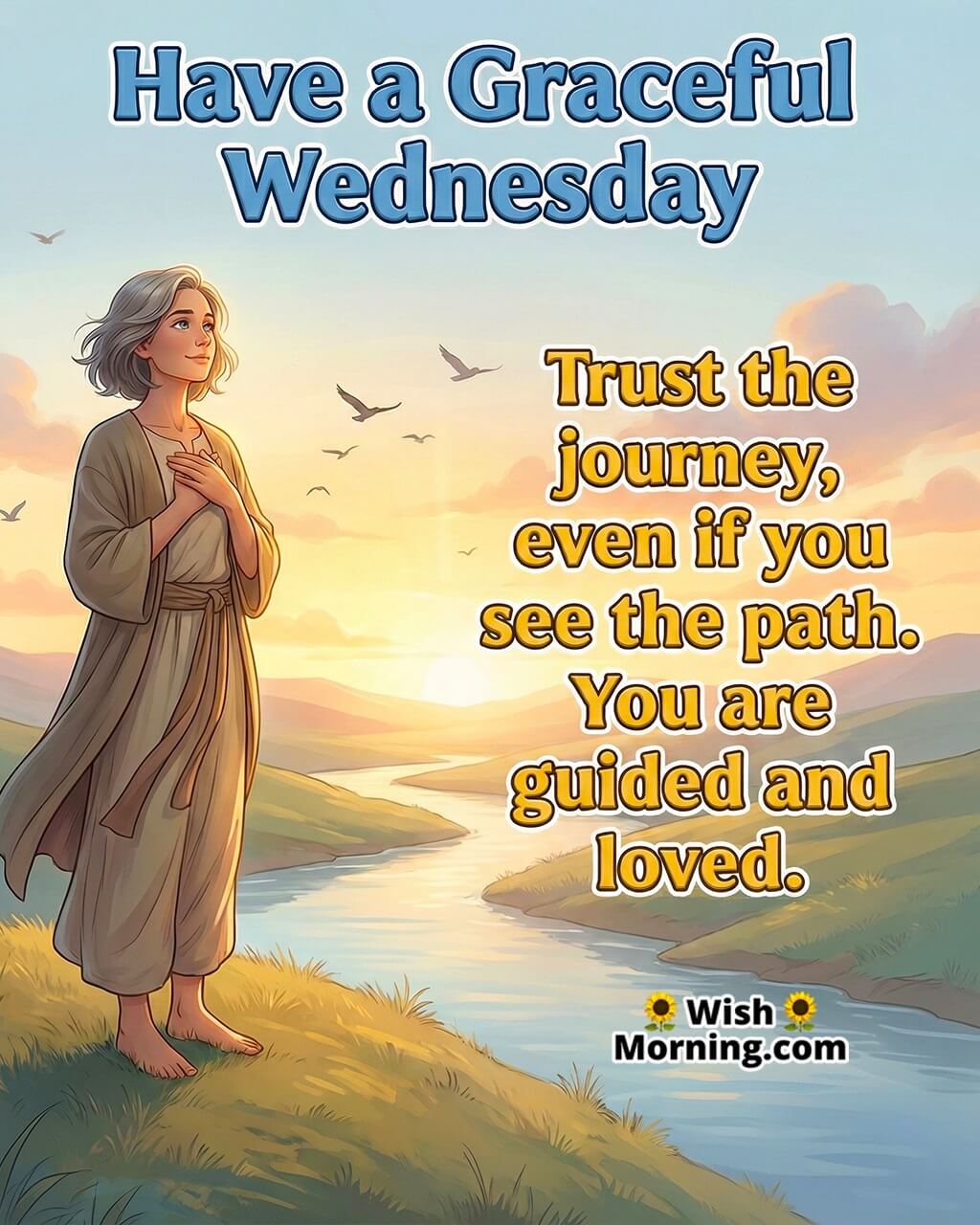 Graceful Wednesday Spiritual Message Image featuring a serene person near a sunrise horizon with open calm eyes symbolizing faith, guidance, and inner peace.