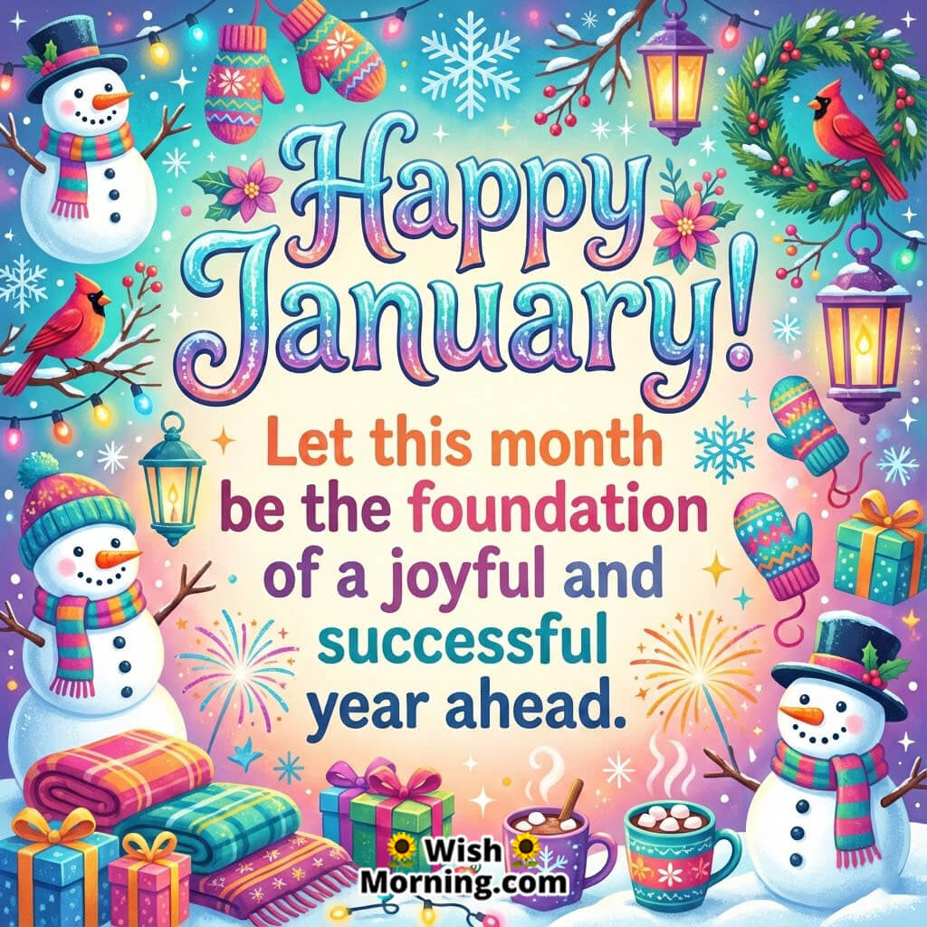 Happy January Joyful New Start image illustrated with snowmen gifts warm drinks lanterns and fireworks symbolising happiness success and a strong foundation for the year ahead.