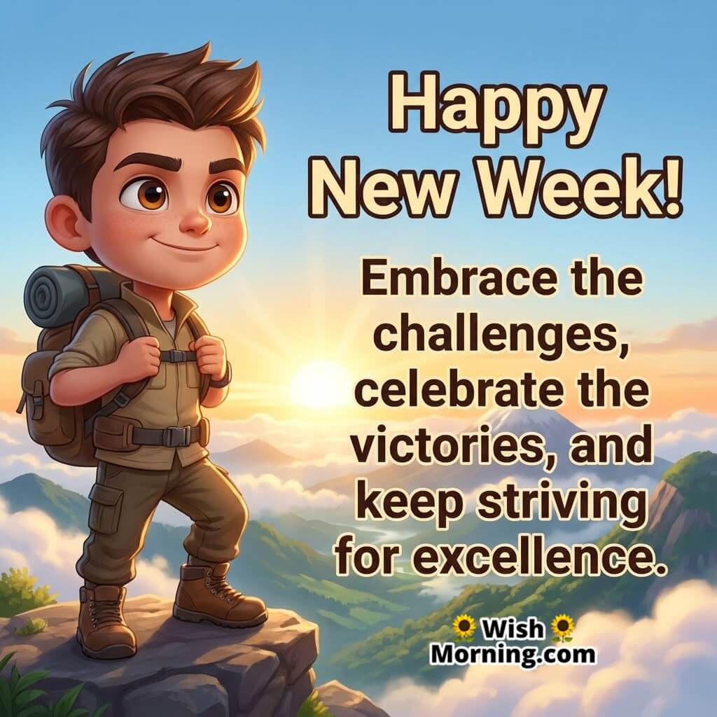 Happy new week determination and excellence message image featuring a sunrise mountain view and a confident figure, symbolizing strength and new beginnings.