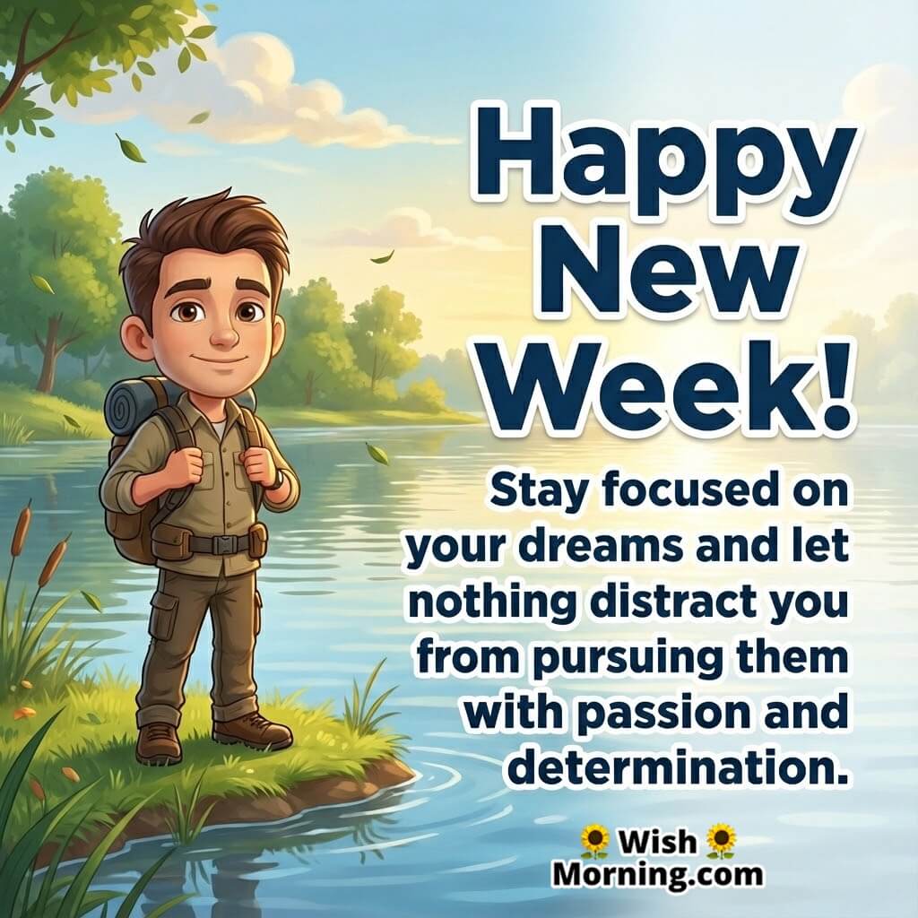 Happy new week dream focus motivation image featuring a peaceful lakeside morning and a focused figure, symbolizing passion, clarity, and determination.