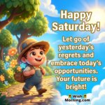 Happy Saturday bright future motivation image featuring a glowing garden pathway and a hopeful character, symbolizing new opportunities and a positive future.