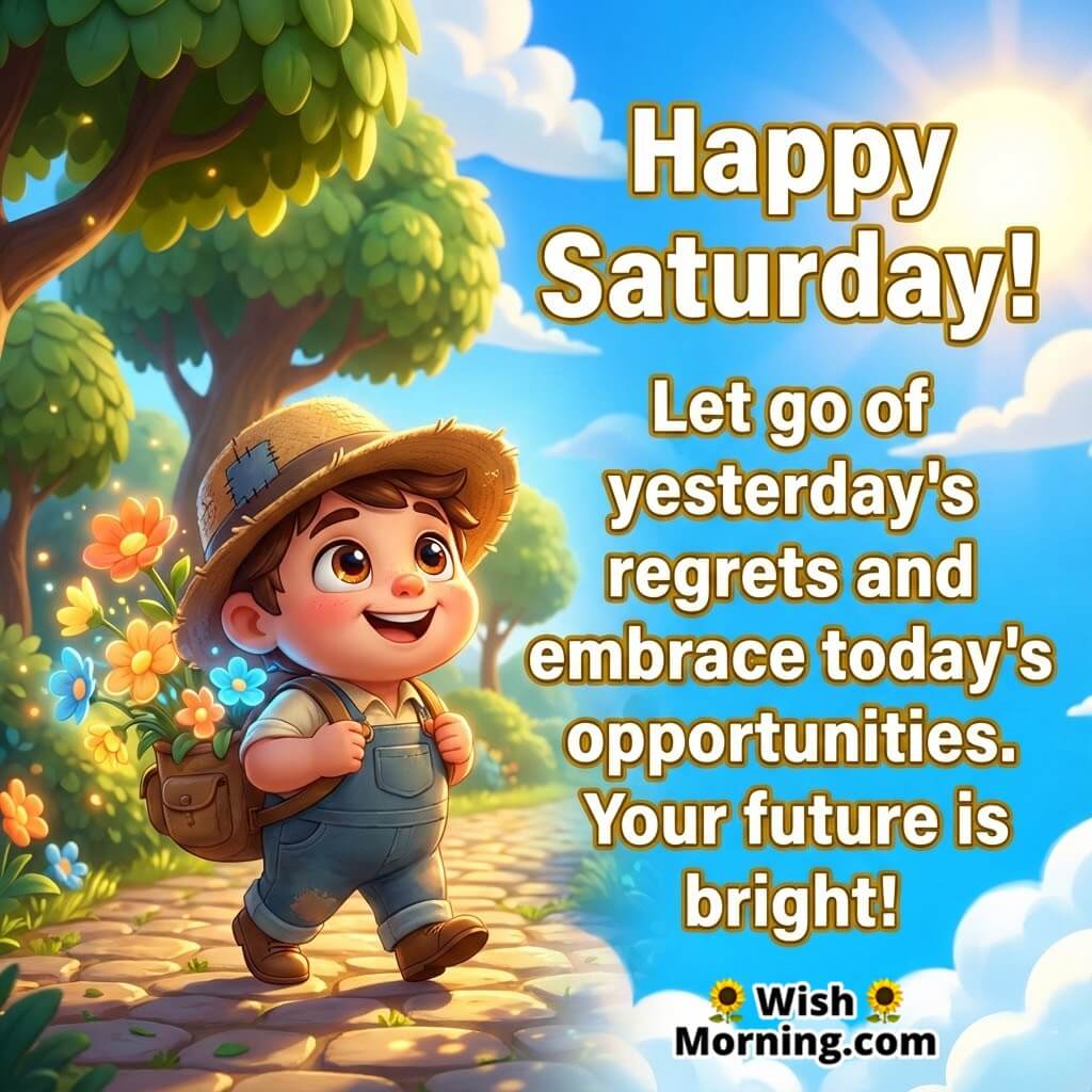 Happy Saturday bright future motivation image featuring a glowing garden pathway and a hopeful character, symbolizing new opportunities and a positive future.