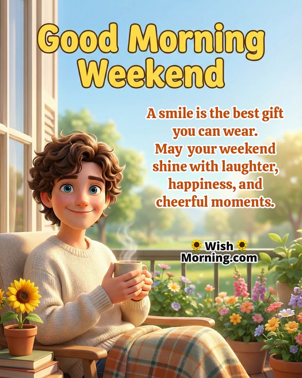 Happy Weekend Smiles And Joy Quote Image featuring a cheerful morning atmosphere, symbolizing happiness, lighthearted moments, and joyful weekend vibes.