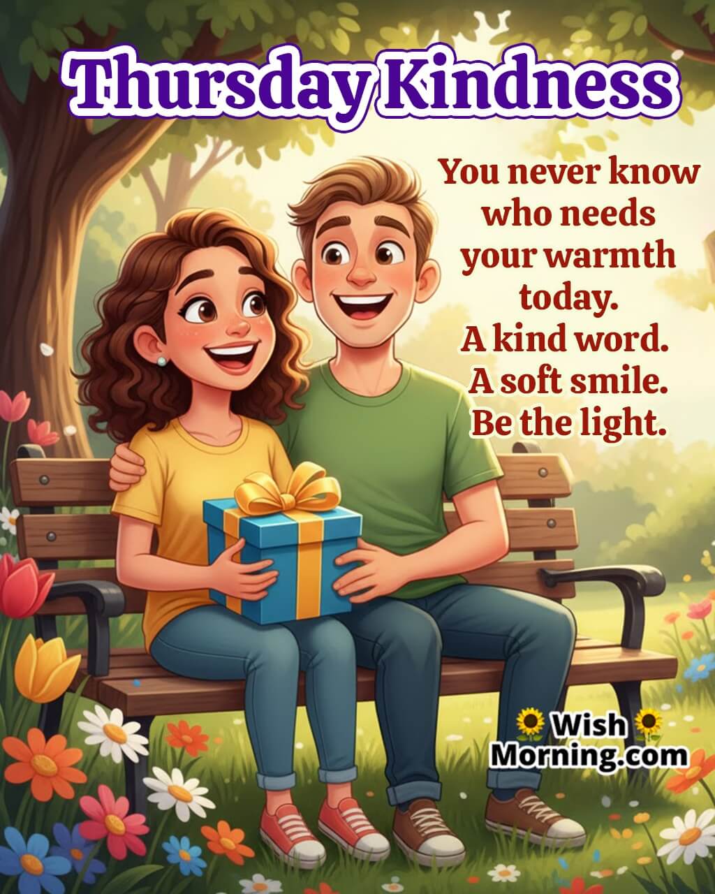 Heartfelt Thankful Thursday Friendship and Love Image featuring two friends sharing gifts in a sunny park symbolizing kindness, affection, and warmth.