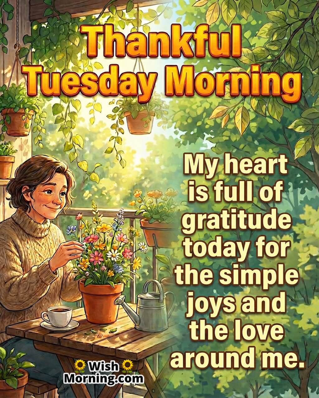 Heartfelt Thankful Tuesday Morning Message Image featuring a person arranging flowers on a sunlit balcony symbolizing gratitude, warmth, and emotional connection.