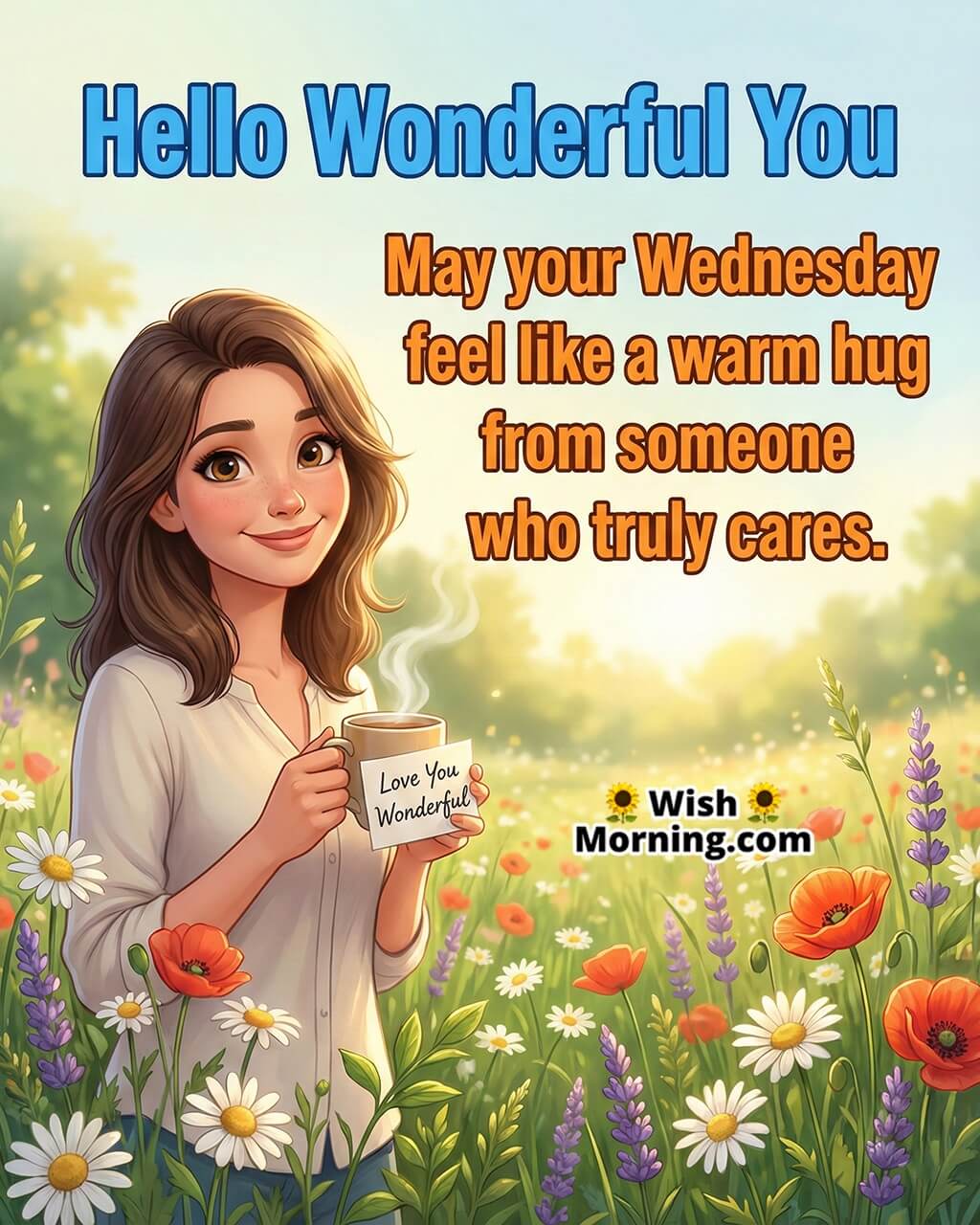 Heartfelt Wednesday Greeting Image featuring a smiling person with open expressive eyes holding a warm cup symbolizing affection, care, and midweek warmth.