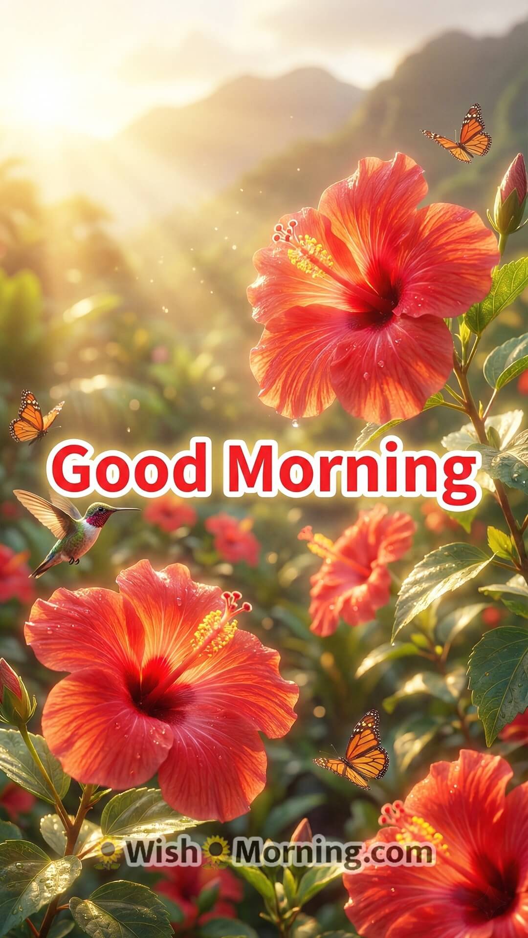 Good Morning flower wallpaper showing bold 3D hibiscus flowers in bright morning light.