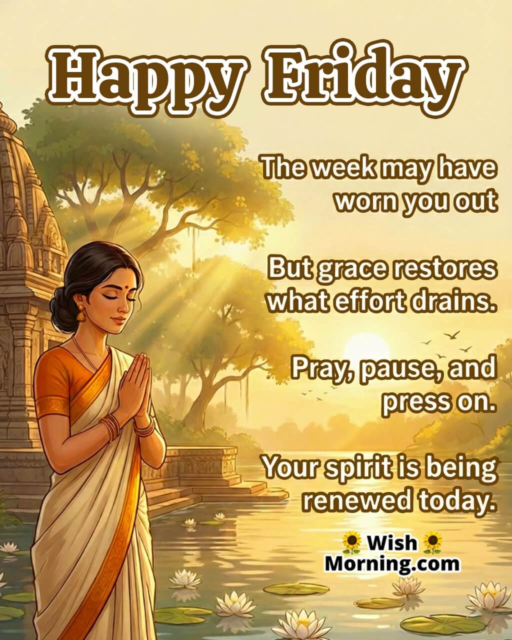 Holy Friday Grace Renewal Spiritual Message image featuring a woman praying beside a sunrise river, symbolizing peace and divine renewal.
