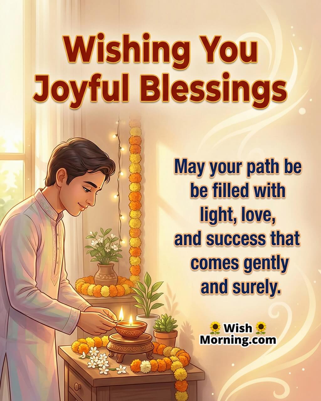 Joyful New Week Blessings Message image featuring a person lighting a diya symbolizing peace, divine light, and gentle positivity.