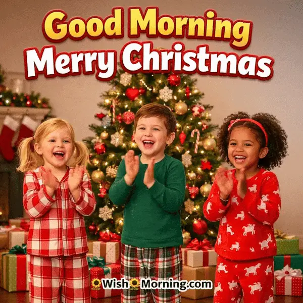 Animated Good Morning Merry Christmas GIF showing happy children around a decorated Christmas tree, symbolizing joy, family, and festive togetherness.