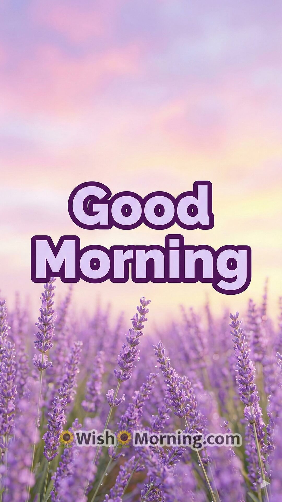 Good Morning mobile wallpaper with soft 3D lavender flowers under a pastel early morning sky.