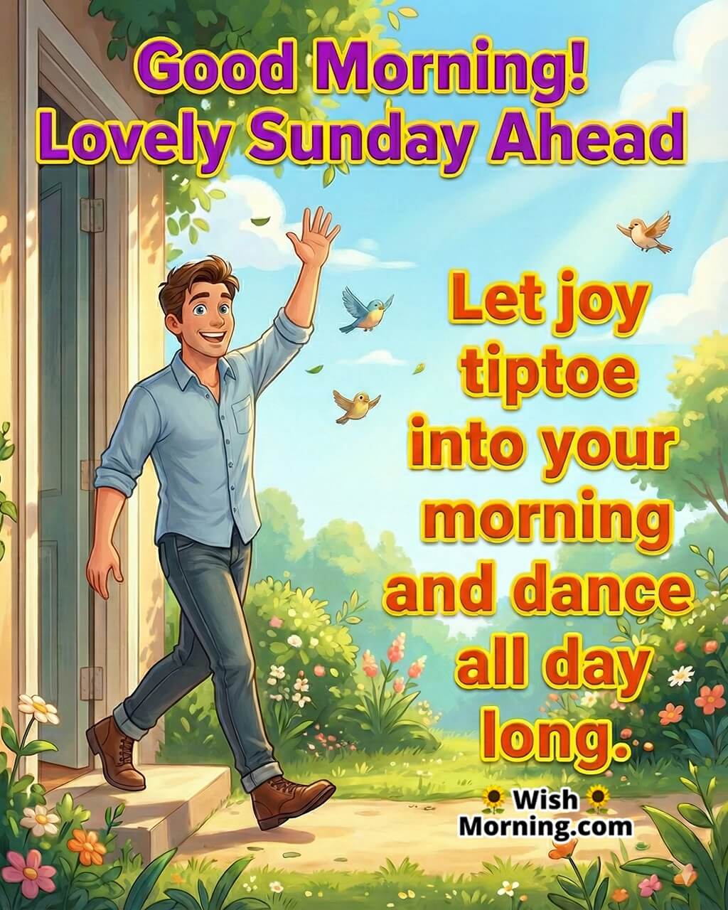 Lovely Sunday morning image featuring a joyful person stepping into sunlight, symbolizing happiness, freshness, and a positive day ahead.