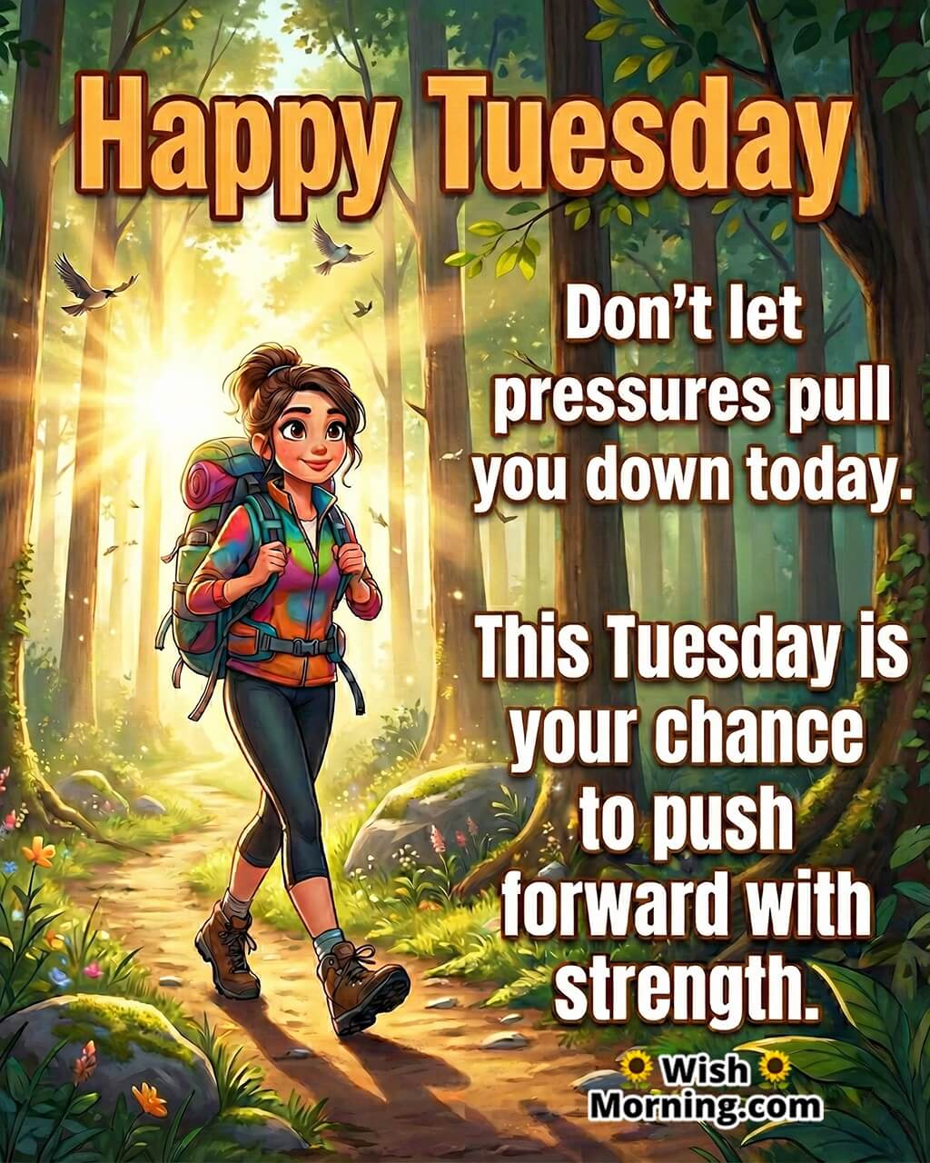 Motivational Happy Tuesday Morning Quote Image featuring a confident person on a sunrise trail symbolizing energy, determination, and steady progress.