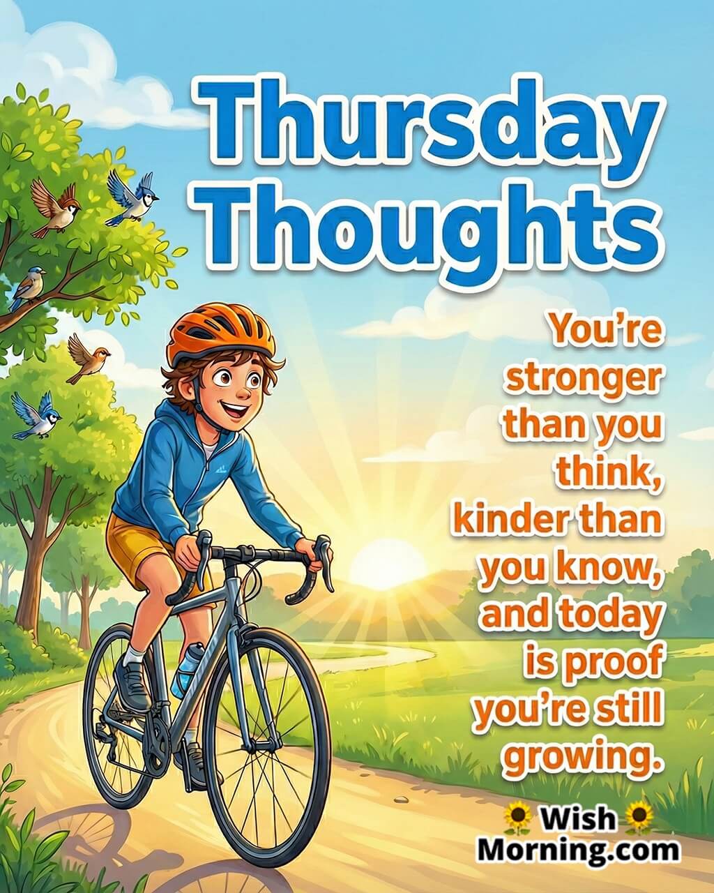 Motivational Thankful Thursday Positive Life Quote Image featuring a cheerful person cycling at sunrise symbolizing progress, positivity, and self-growth.