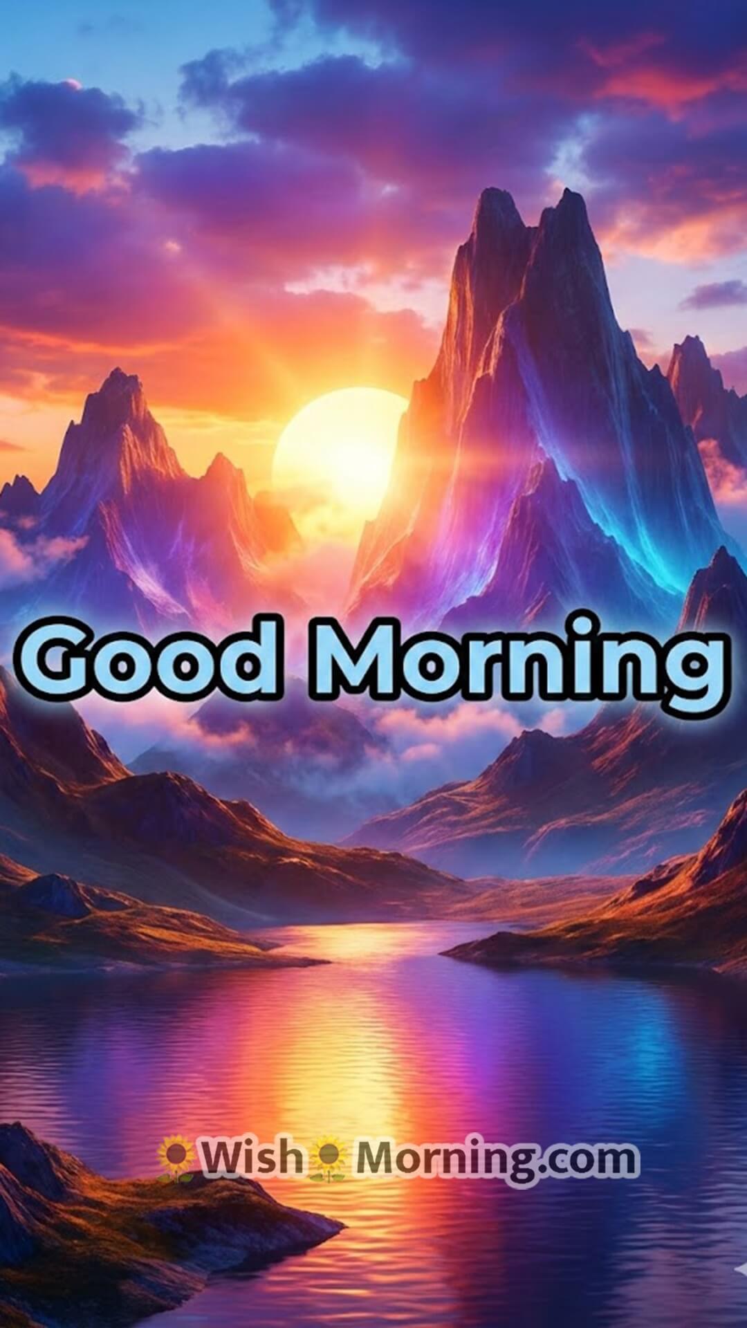 Good Morning sunrise mobile wallpaper featuring a bright 3D sun rising behind tall mountains.
