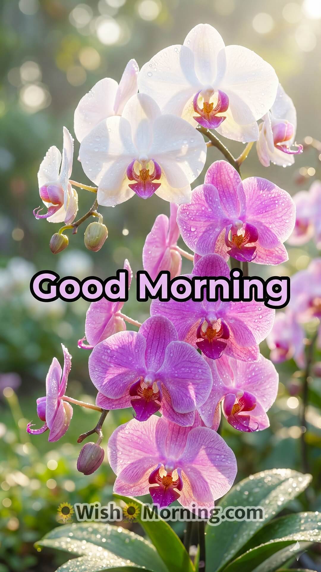 Good Morning mobile-friendly wallpaper featuring elegant 3D orchids with fresh morning dewdrops.