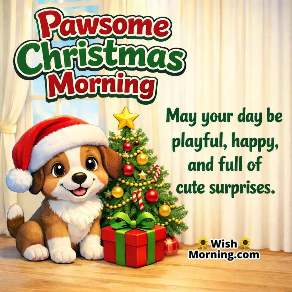 Pawsome Christmas Morning Greeting image featuring a joyful festive mood symbolizing playfulness, smiles, and sweet surprises.