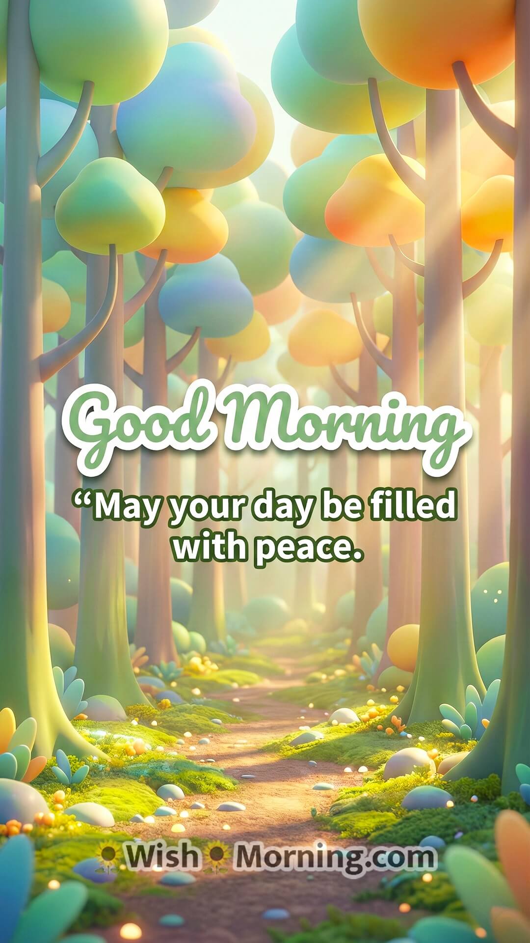Good Morning nature wallpaper with a calm 3D landscape and a soothing morning quote.