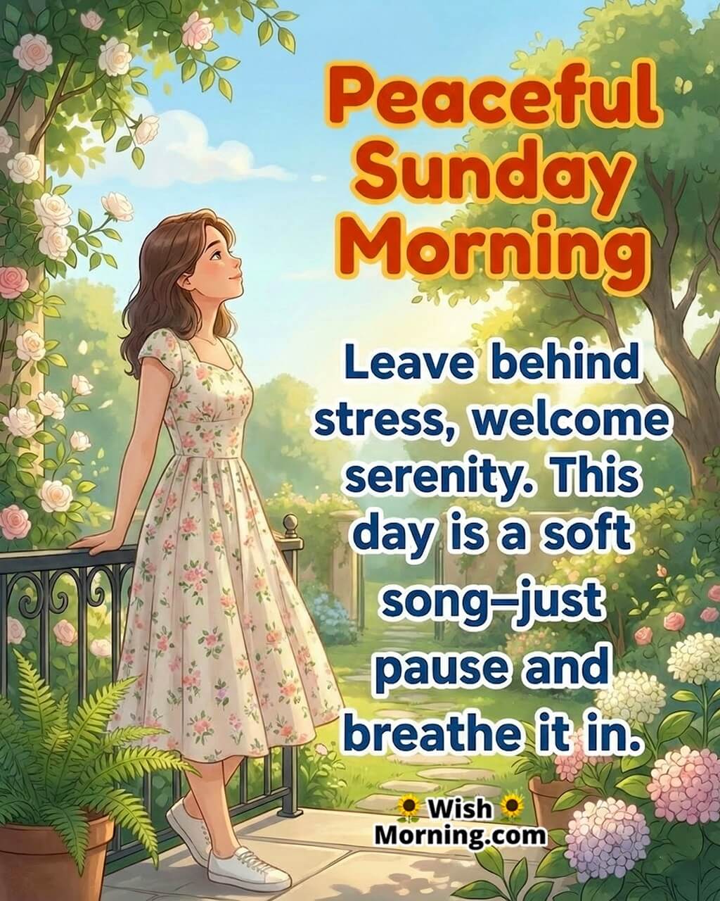 Peaceful Sunday morning image featuring a calm person enjoying fresh air and soft sunlight, symbolizing serenity, relaxation, and inner peace.