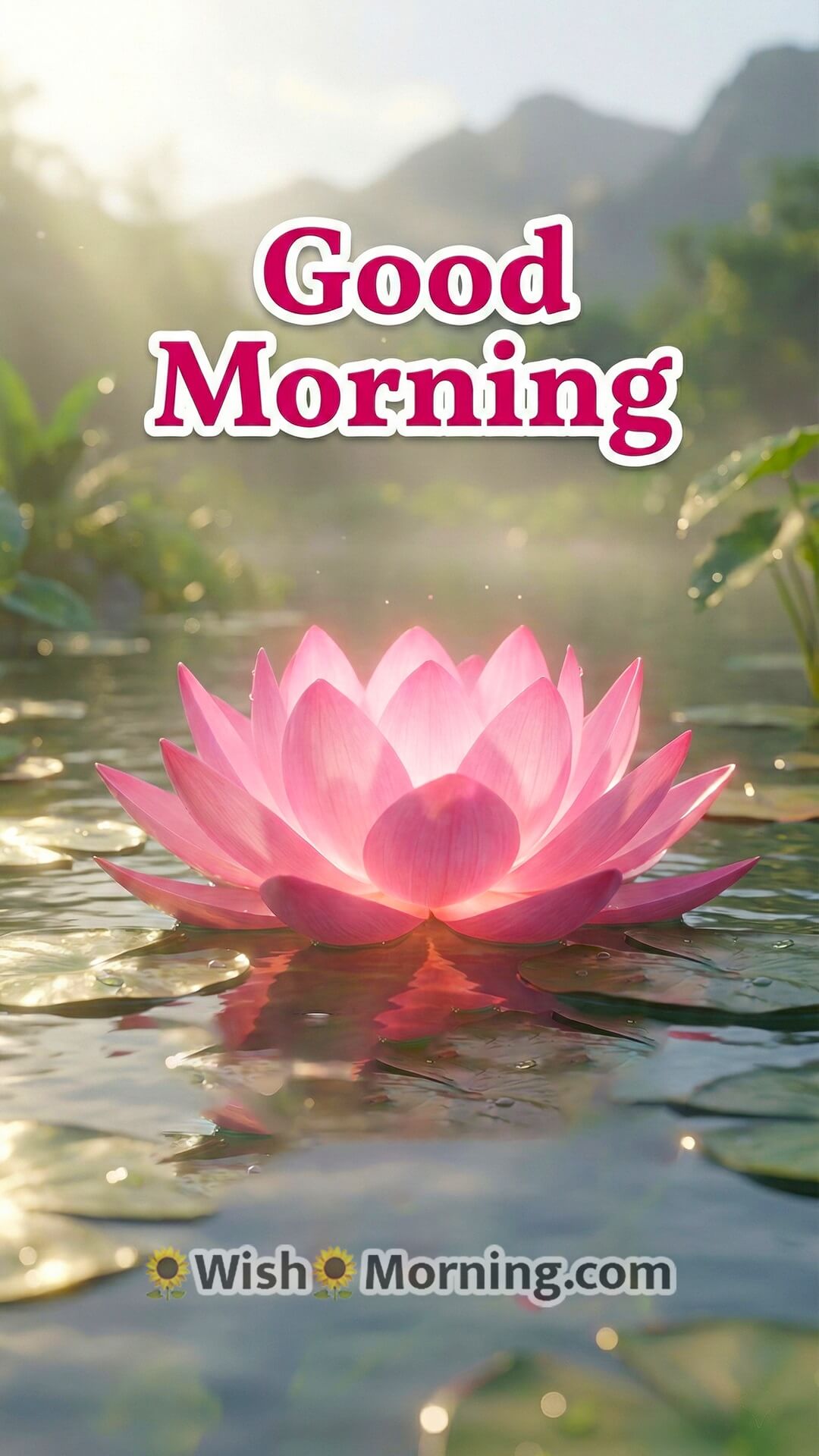 Good Morning flower wallpaper with a vibrant 3D lotus blooming in soft natural morning light.